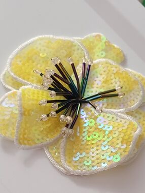 3D Hibiscus Beaded Applique Flower Sew On Patch Sequins Tropical Yellow Black